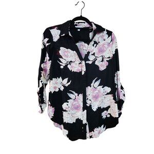 Candies XS Black Floral Button-Up Shirt With Rolled Sleeves